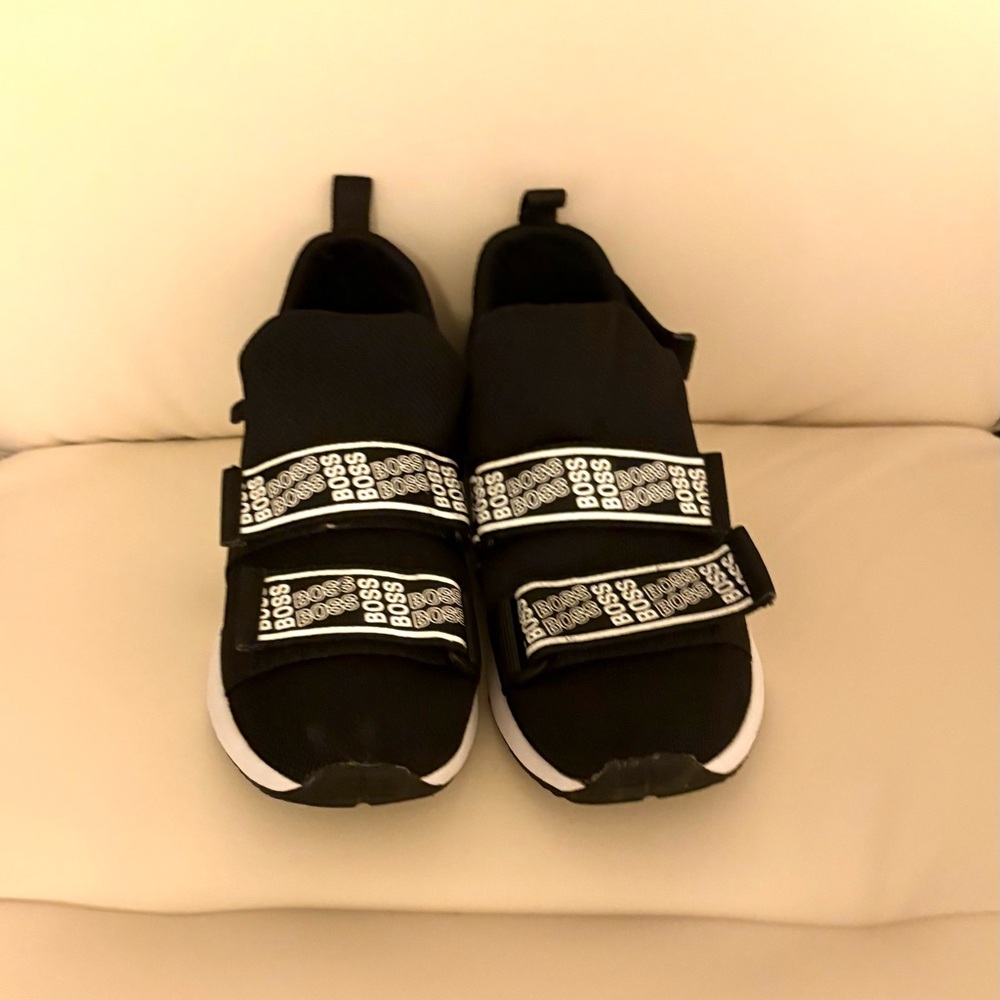 Hugo Boss Kids Black Sneakers with White Straps